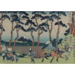 Japanischer Holzschnitt mit Text + Unterschrift. 20. Jahrhundert. Reisegesellschaft. Holzschnitt auf