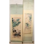 Zwei alte chinesische Rollbilder. Katzen einmal am Wasser, mit Text und Symbolen. Zwei Vögel am Hain