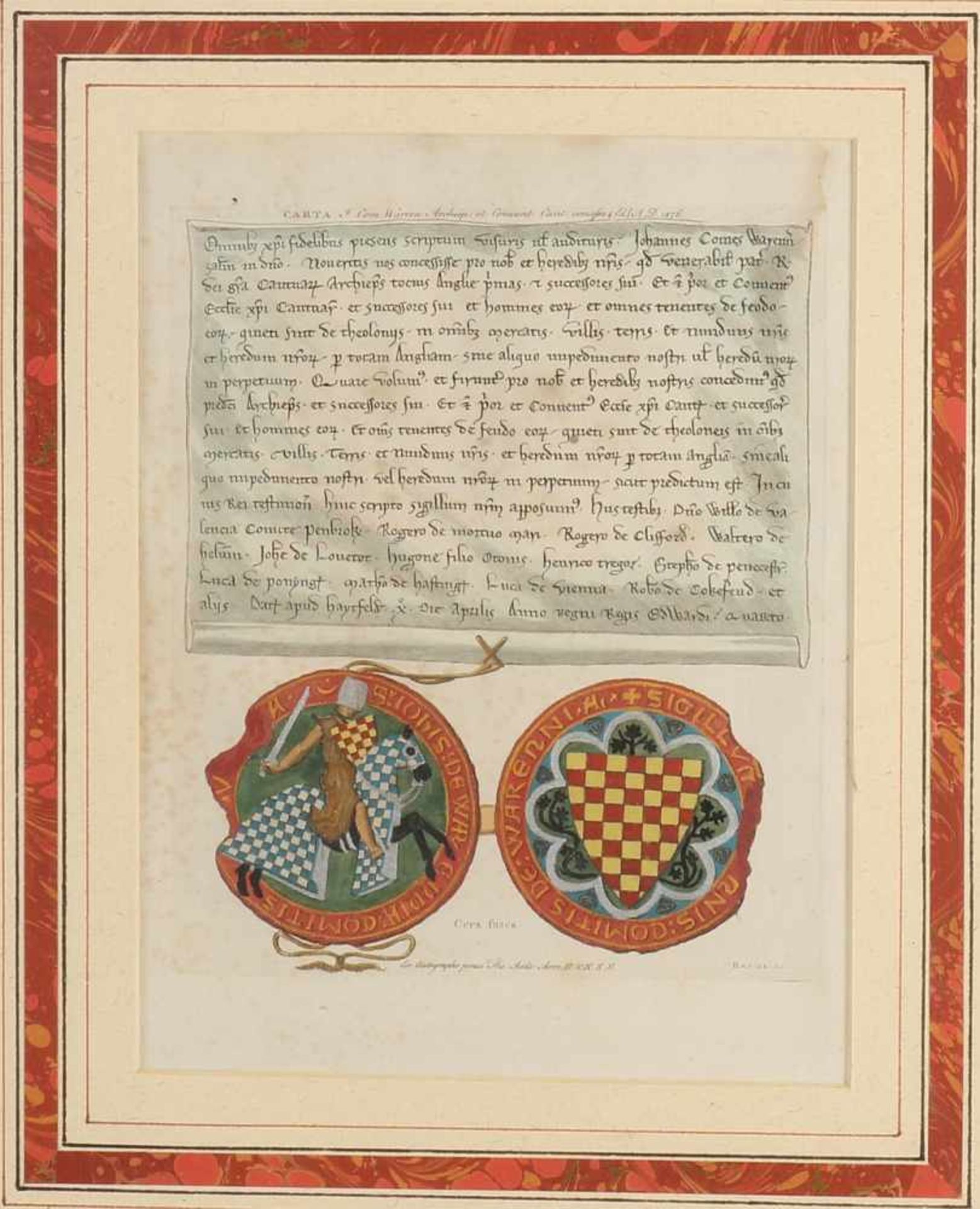 Zwei handkolorierte Stiche aus dem 18. Jahrhundert mit lateinischen Texten und Waffen. Cera Fusa, - Image 2 of 3