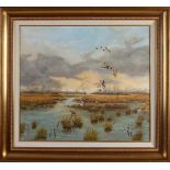 Gé Nijhuis, Enschede. Wasserspiel mit fliegenden Enten. Öl auf Leinen. Abmessungen: H 60 x B 70