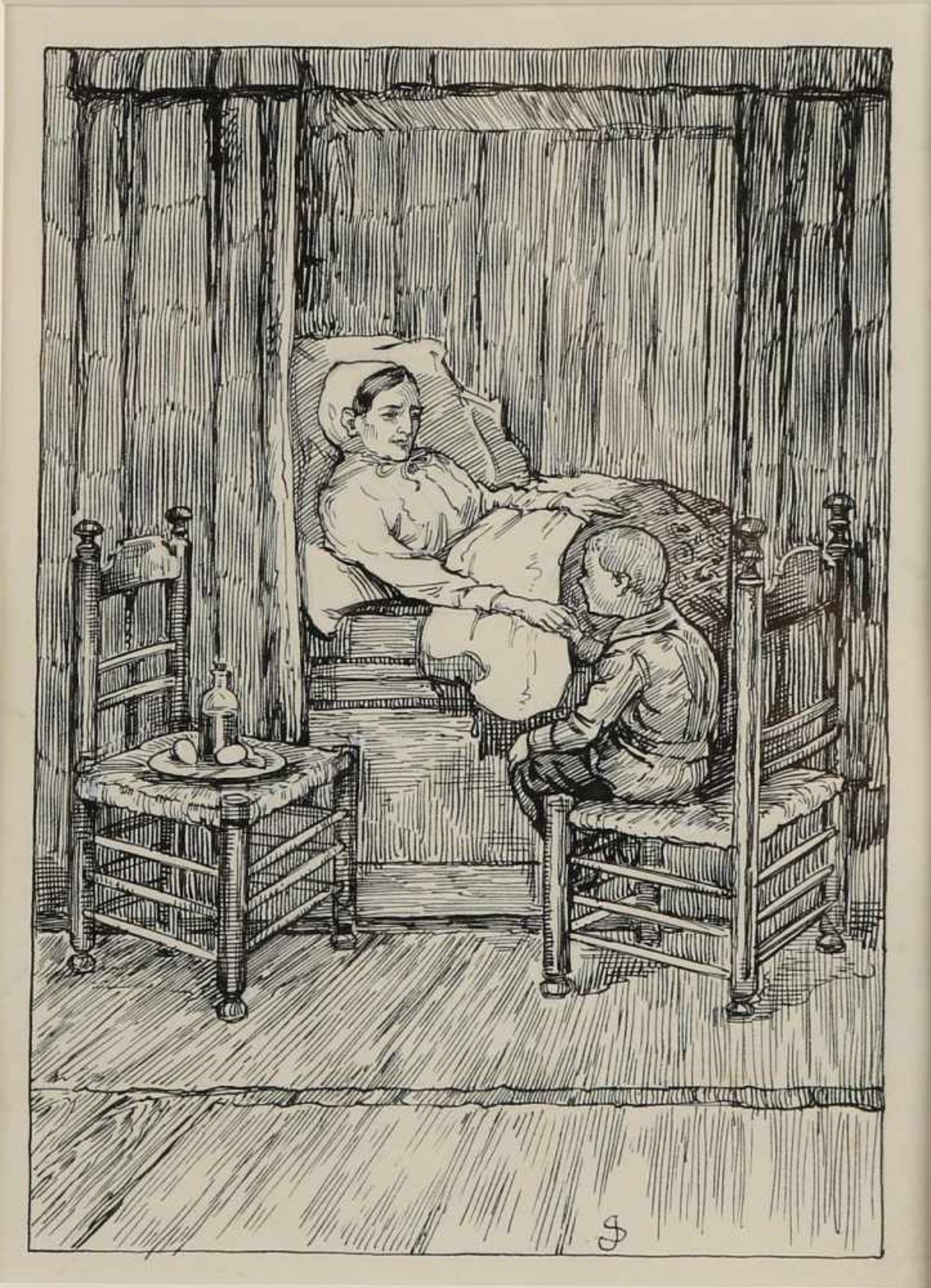 Monogramm JS 20. Jahrhundert. Mutter auf krankem Bett. Litho. Abmessungen: H 24 x B 18 cm. In - Image 2 of 2