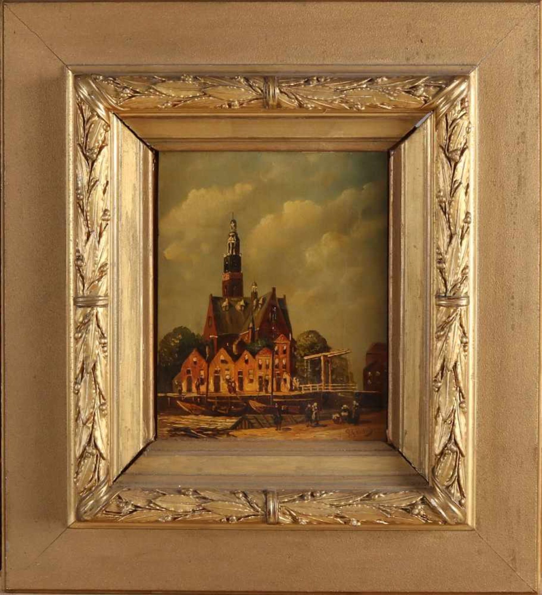 Zu Vertin. Um 1920. Niederländisches Stadtbild mit Figuren. Ölfarbe auf Holz. Abmessungen: H 18 x - Bild 2 aus 2