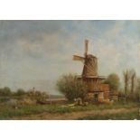 Konstante Artz. 1870 - 1951. Landschaft mit Windmühle, Bäuerin mit Wäsche und Enten. Kleidung +