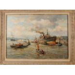 Evert Moll 1878-1955 Rotterdamer Hafen mit vielen Schiffen Öl auf Leinen 60x80 cm in gutem Zustand.