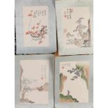 Vier japanische Holzschnitte. Unterzeichnet. 20. Jahrhundert. Landschaften + Blumen. Holzschnitte