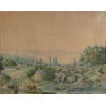 GP Verschuur, Landschaft mit Wasserfall, Hirten und Rindern. 1866. Aquarell auf Papier. Abmessungen: