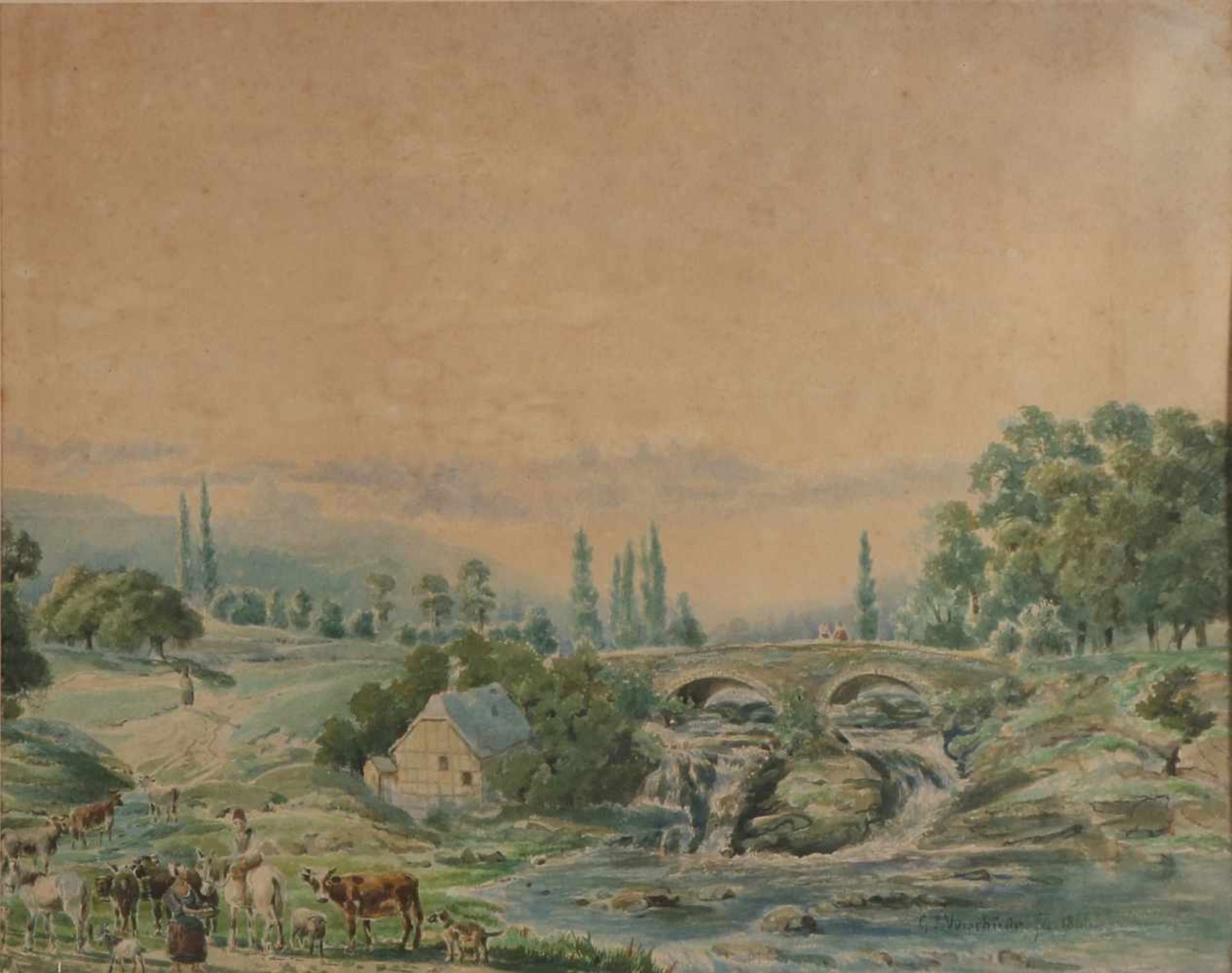 GP Verschuur, Landschaft mit Wasserfall, Hirten und Rindern. 1866. Aquarell auf Papier. Abmessungen: