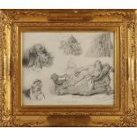 David J. Bles. 1821 - 1899. Figurenstudie mit Bleistift, 1846. In Blattgoldrahmen. Zeichnen auf