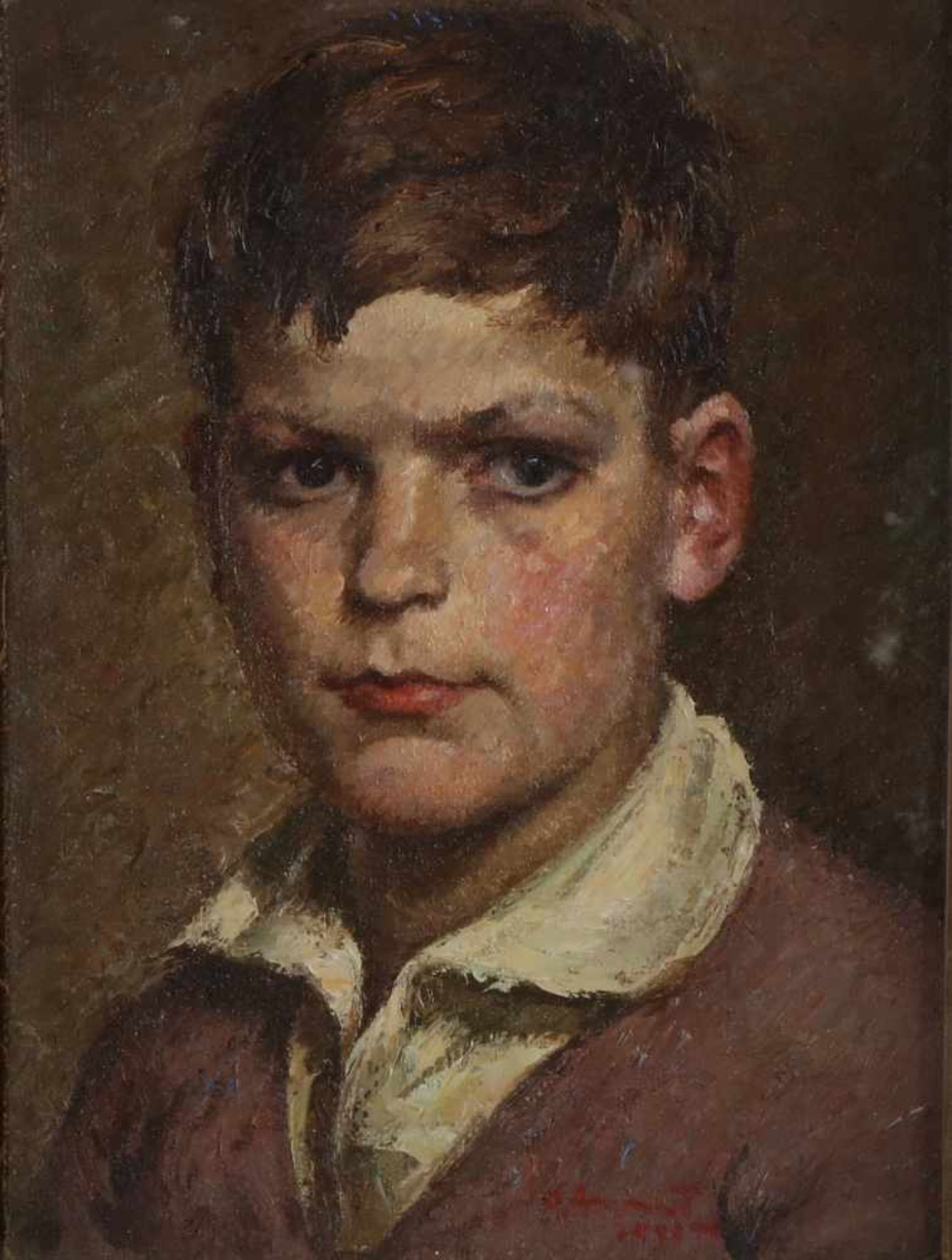 Nicht signiert signiert. Um 1930. Jungenporträt. Ölfarbe auf Holz. Abmessungen: H 40 x B 30 cm. In