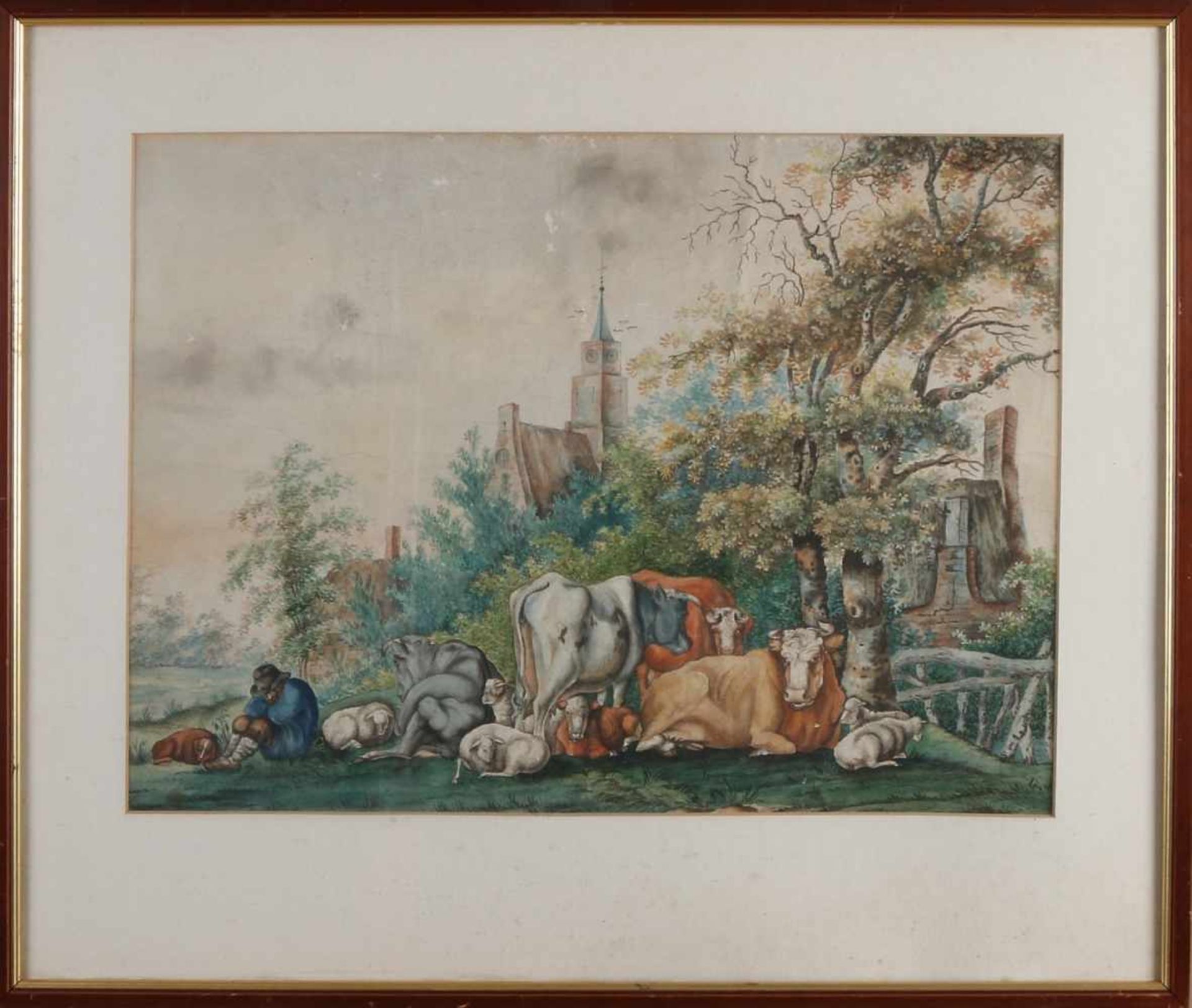 Unsigniert ruhen Herder und sein Vieh. 19. Jahrhundert. Aquarell auf Papier. Abmessungen: H35 x