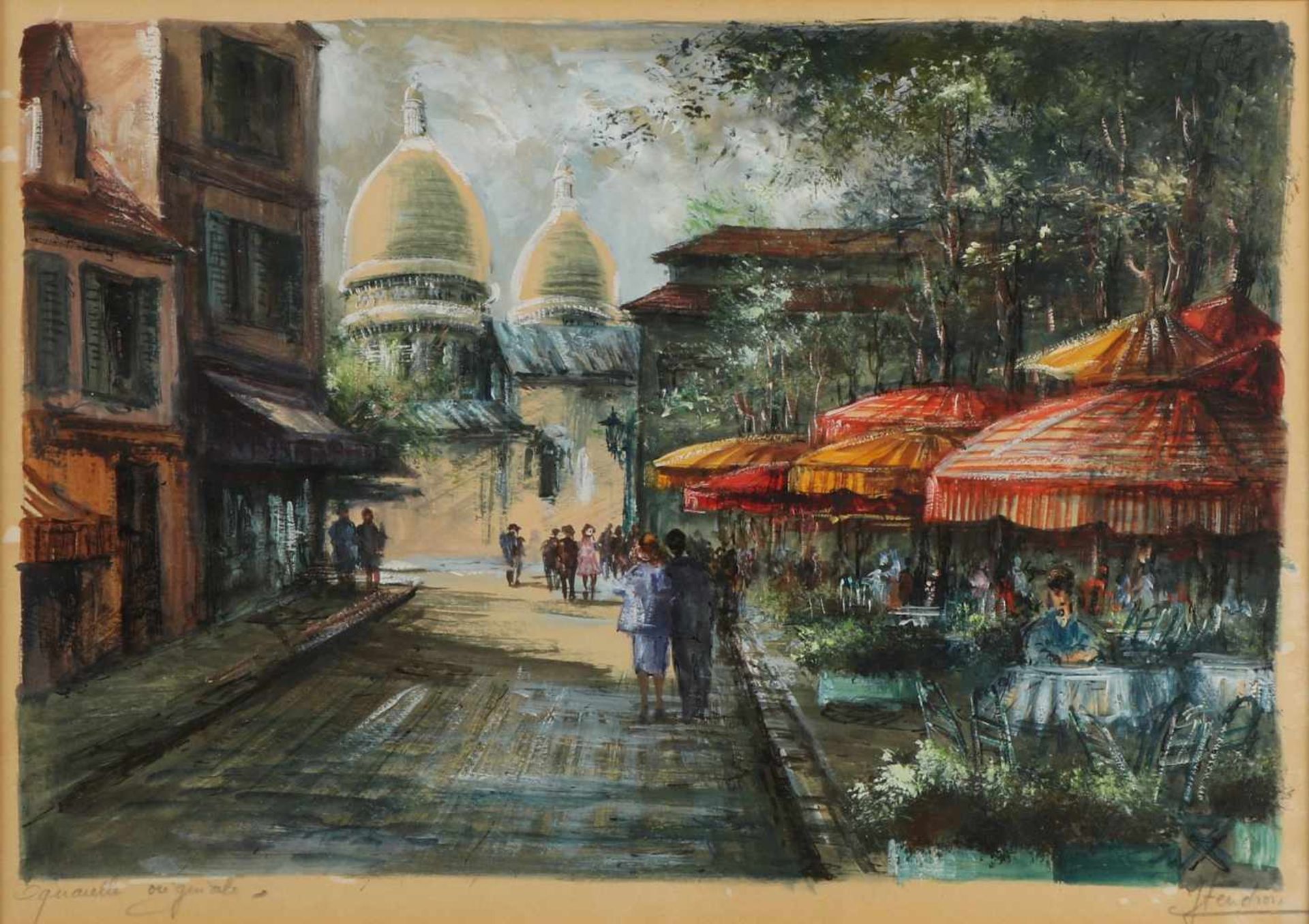 J. Jendron. 20. Jahrhundert. Stadtbild Paris mit Terrasse und Figuren. Aquarell auf Papier.