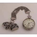 Silberne Taschenuhr mit Chatelaine, englische Taschenuhr mit Schlüsselaufzug, 925/000, Birmingham,