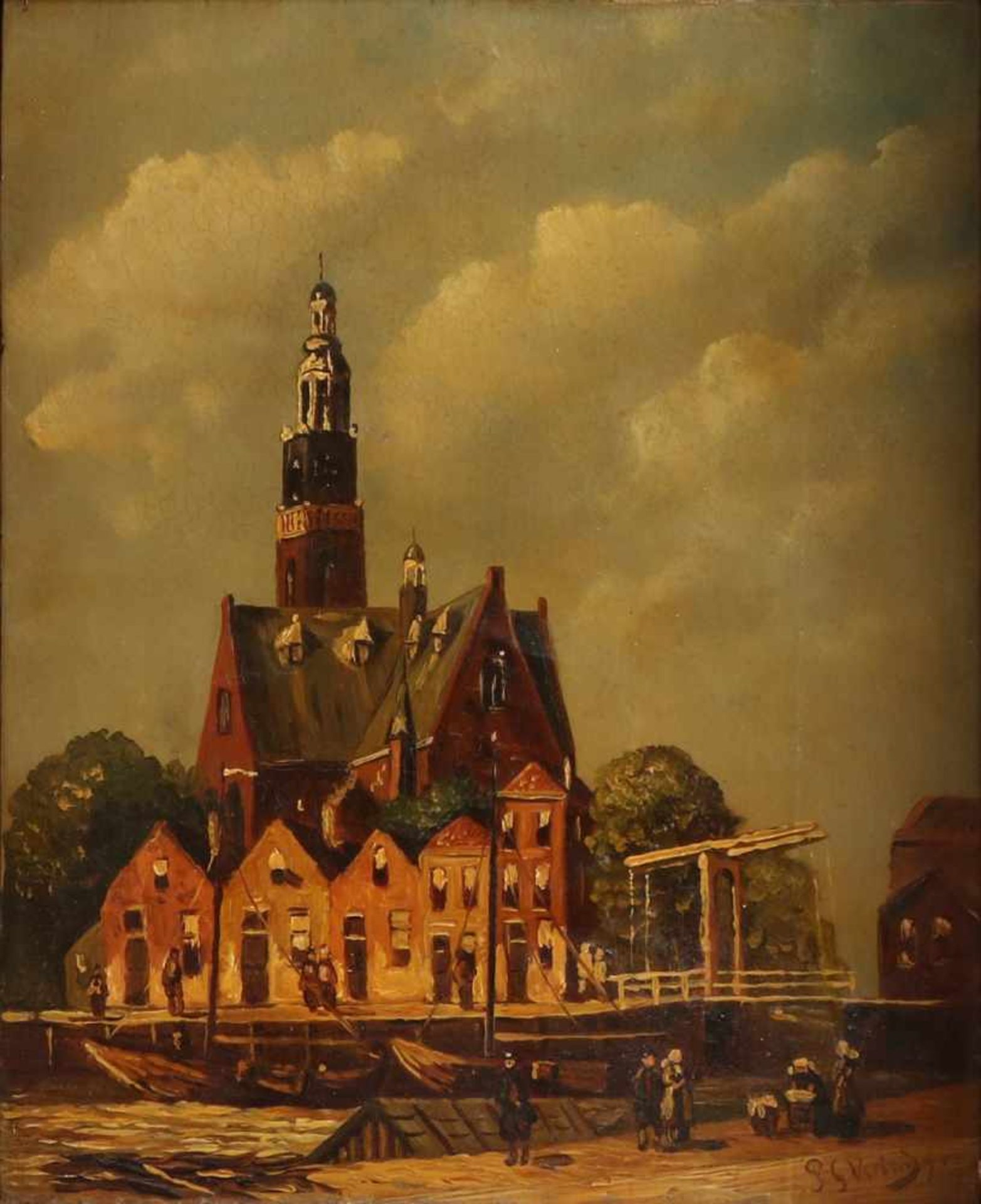 Zu Vertin. Um 1920. Niederländisches Stadtbild mit Figuren. Ölfarbe auf Holz. Abmessungen: H 18 x
