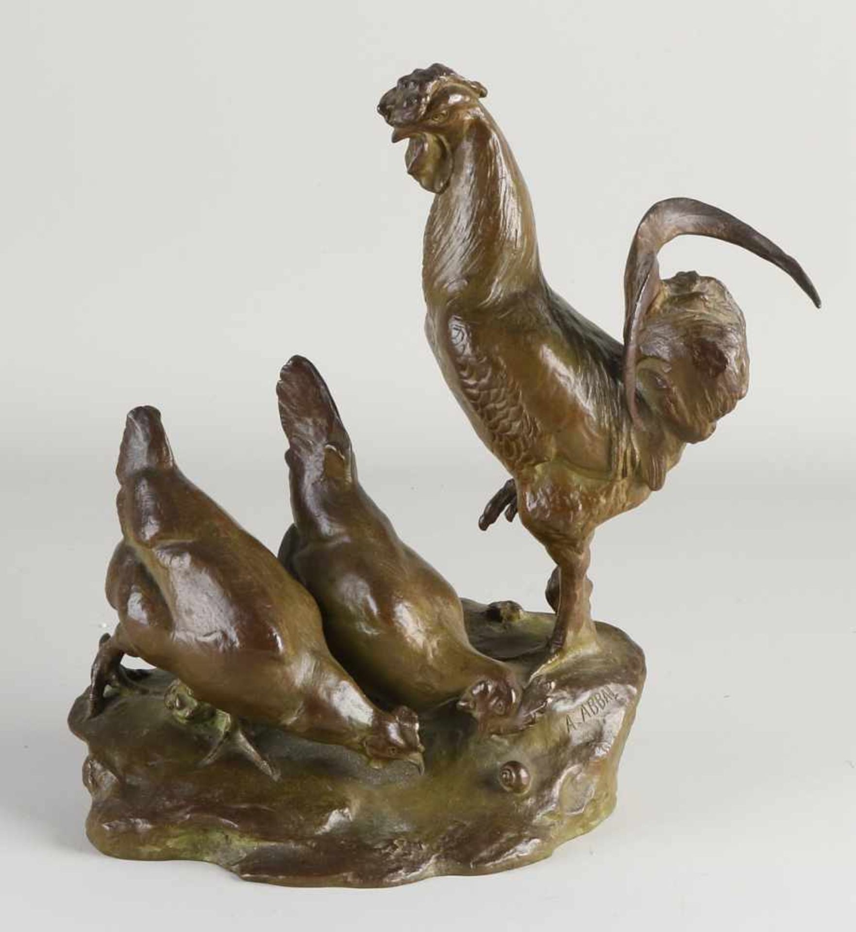 Antike Bronzefigur. Hahn mit Hühnern. Von A. Abbal. 1876 ​​- 1953. Schöne Patina. Größe: