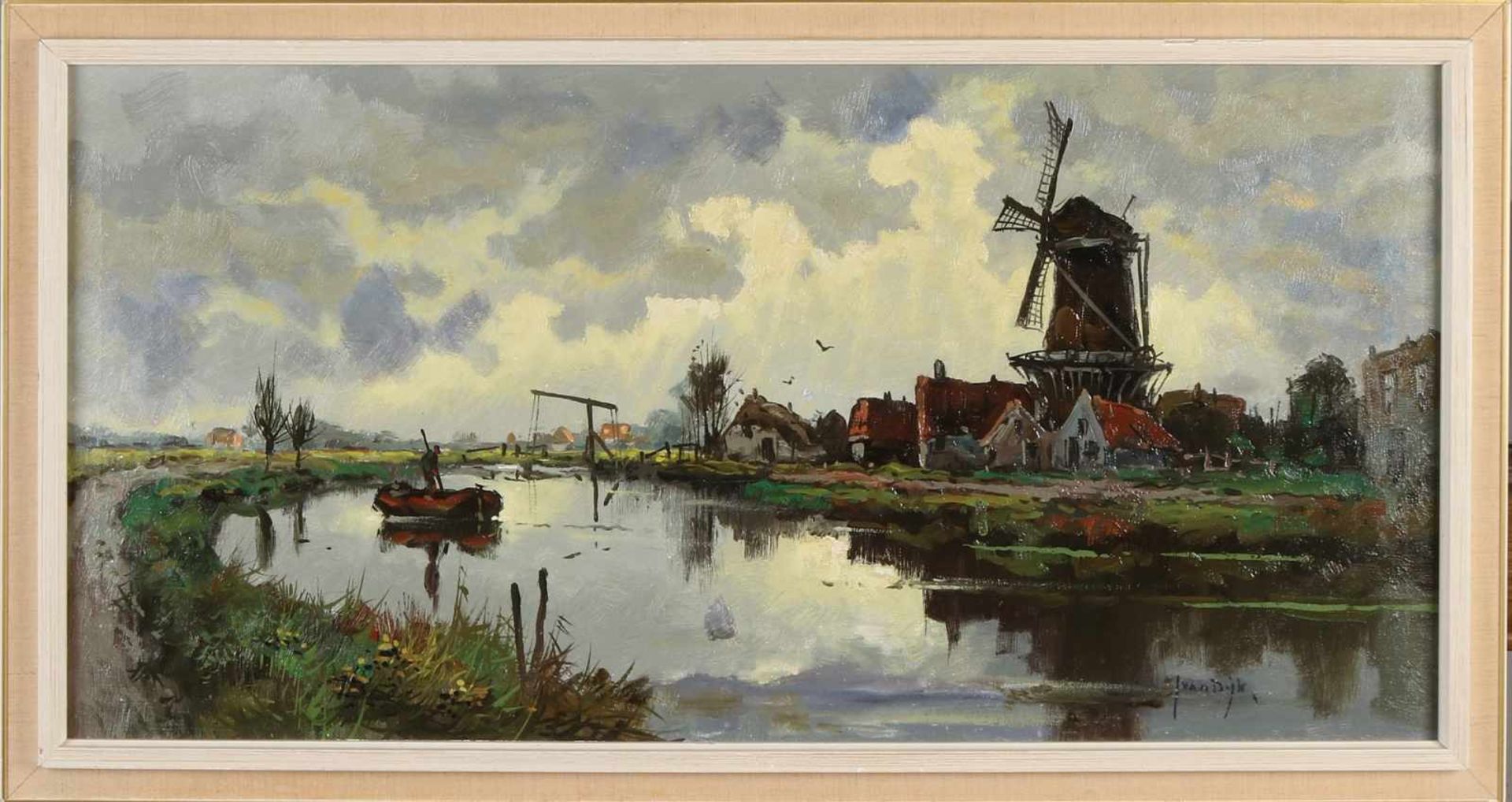 J. van Dijk. Um 1950. Ein niederländischer Flussblick mit einem Dorf. Öl auf Leinen. Abmessunge