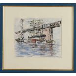 Jan Korthals. 1916 - 1972. Brücke mit Schiffen. Aquarell auf Papier. Abmessungen: H 22 x B 26 cm