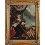 Italienische Barockmalerei des 18. Jahrhunderts. Dame mit heiligem Kreuz und Engeln mit Krone im