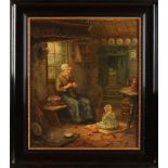 H. Klein. Um 1880. Bauerninnenraum mit einer handarbeitenden Mutter und einem spielenden Kind. Öl