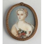 Miniaturmalerei des 19. Jahrhunderts. Dame mit Rosen. Ölfarbe auf Holz. Abmessungen: H 8 x B 6 c