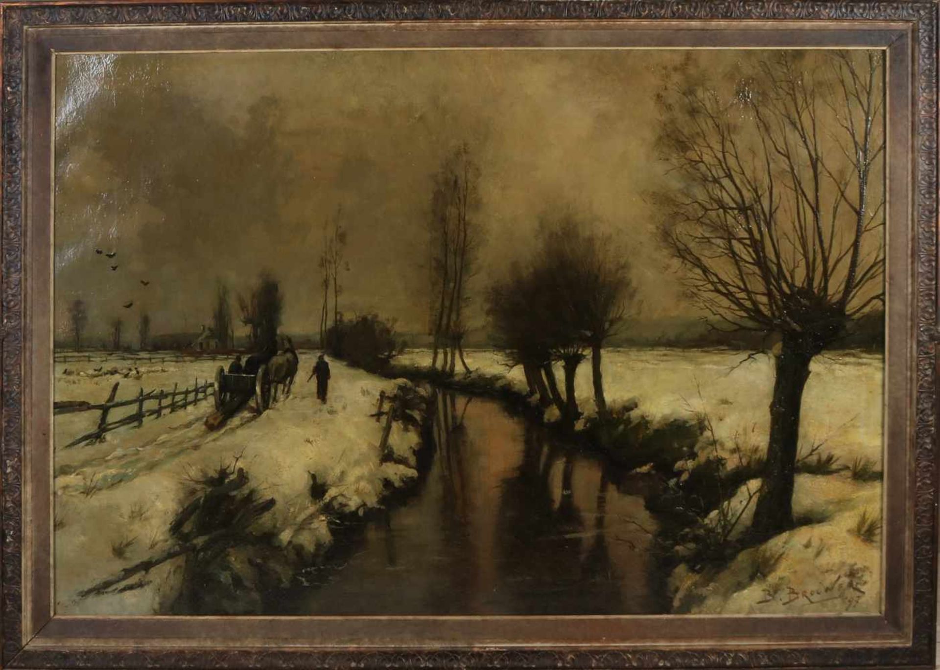Große Arbeit von Barend Brouwer, 1872-1936. Niederländische Winterszene mit Graben, Pferdewagen