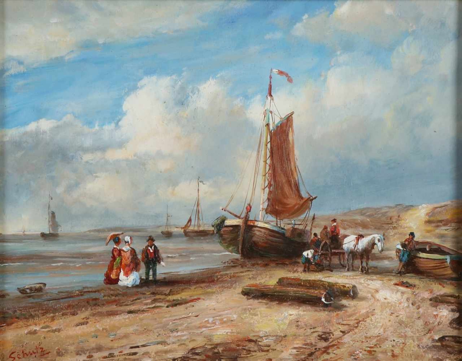 Schutz. 21. Jahrhundert. Niederländische Strandszene mit Lastkahn und Figuren. Ölfarbe auf Holz - Bild 2 aus 2