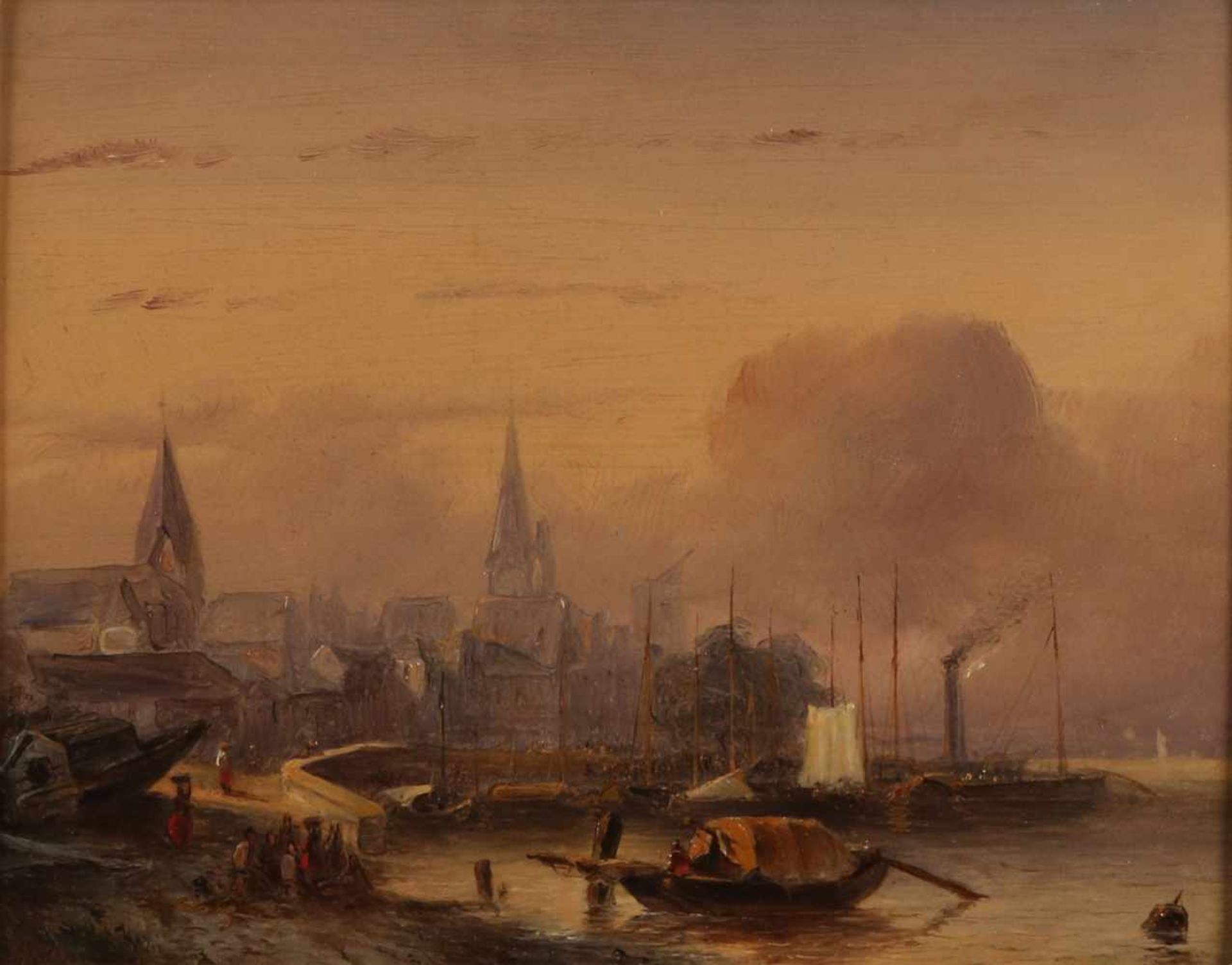 Petrus Gerardus Vertin. 1819-1893. Blick auf den Hafen von Rouen mit Dampfschiff und Figuren. - Image 2 of 2
