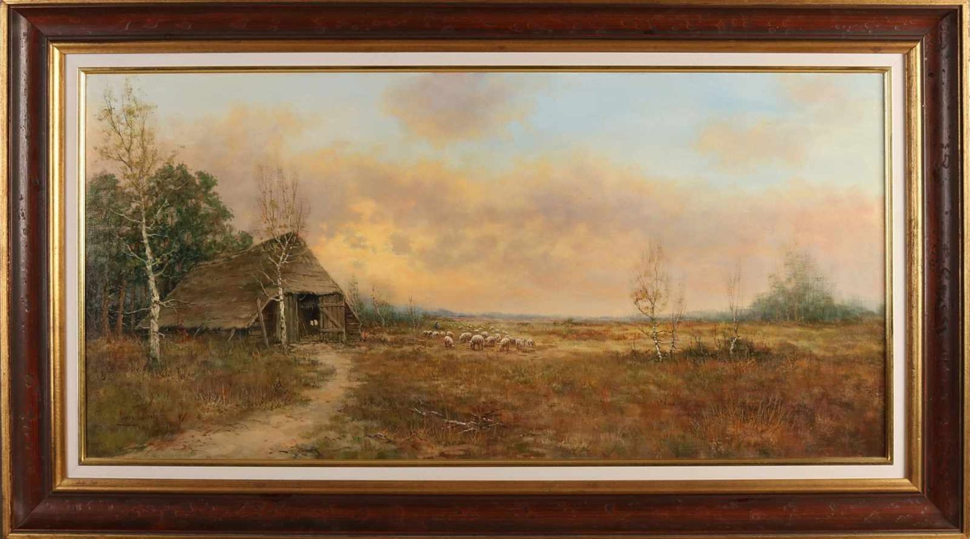 Albert Wessels. 1938 - 2010 Rijssen. Landschaft mit Schafstall und Hirte mit Schafen. Öl auf Lei