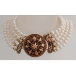 Perlenkette mit wunderschöner goldener Schleife, 585/000. Halskette mit 5 Reihen Süßwasserperlen