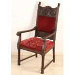 Sessel im Renaissance-Stil aus Eichenholz aus dem 19. Jahrhundert mit Fratz- und rotem Veloursbezug.