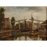 JA Hesterman. 1877 - 1955. Ein niederländisches Stadtbild mit Kanal, Booten und vielen Figuren. Öl