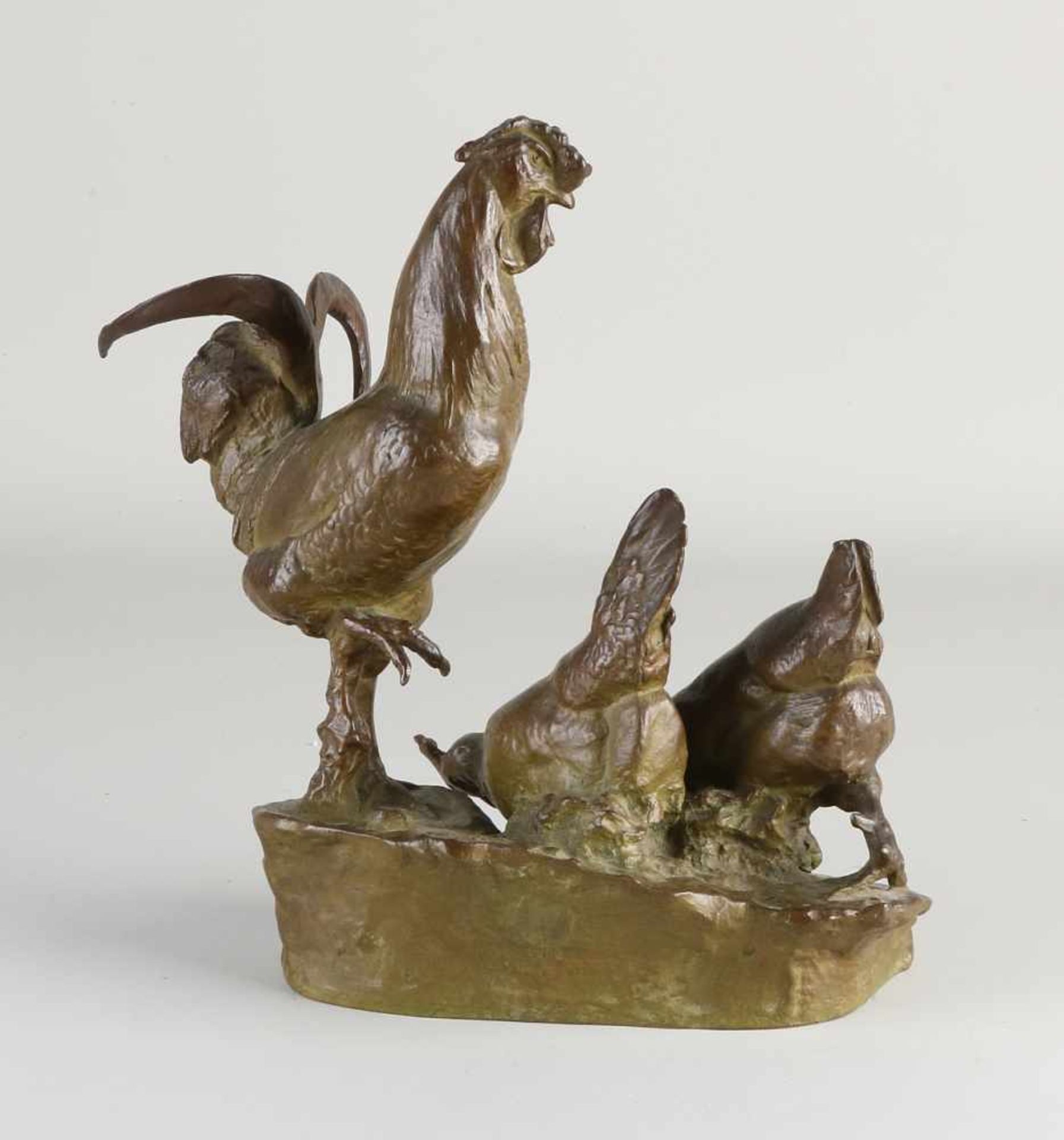 Antike Bronzefigur. Hahn mit Hühnern. Von A. Abbal. 1876 ​​- 1953. Schöne Patina. Größe: - Bild 2 aus 2