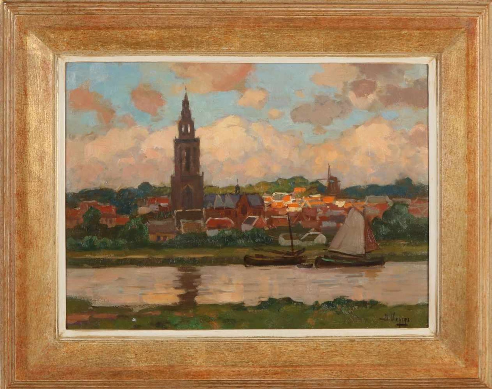 Ben Viegers. 1886 - 1947. Flussblick mit Stadt (Rhenen?). Öl auf Leinen. Abmessungen: H 30 x B 4