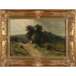 PA Schipperus. 1840 - 1924. Landschaft mit Landstraße, Ochsengeschirr und Figuren. Ölfarbe auf H