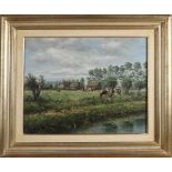 B. vd Heyden. Landschaft mit Bauernhof und Kühen. Ölfarbe auf Holz. Abmessungen: H 40 x B 50 cm