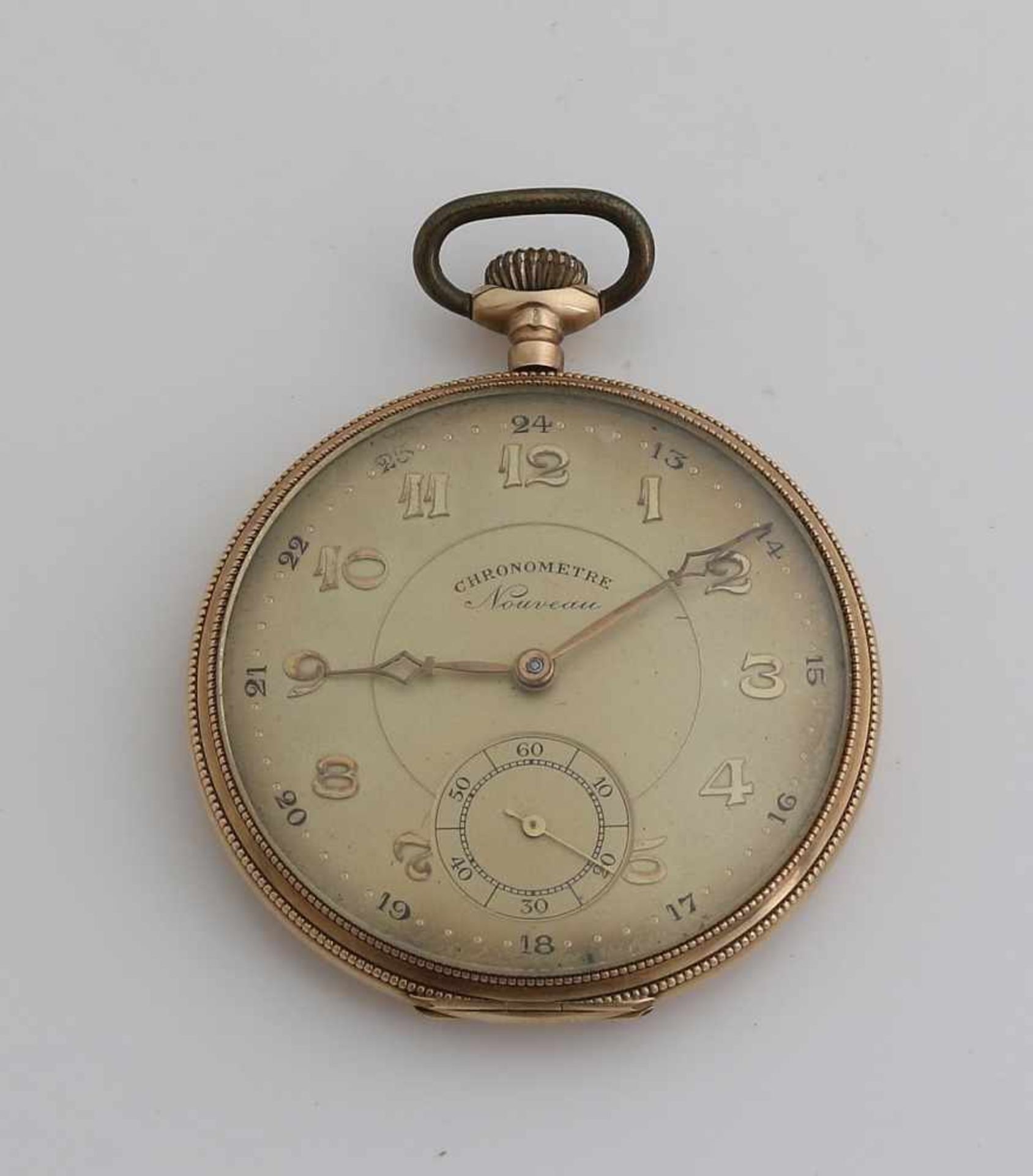 Gelbgold-Taschenuhr, 585/000, signiert Chronometre Nouveau, ausgestattet mit einem goldfarbenen