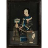 Alte chinesische Hinterglasmalerei. Geisha an der Blumenvase. Öl auf Glas. Abmessungen: H 51 x B