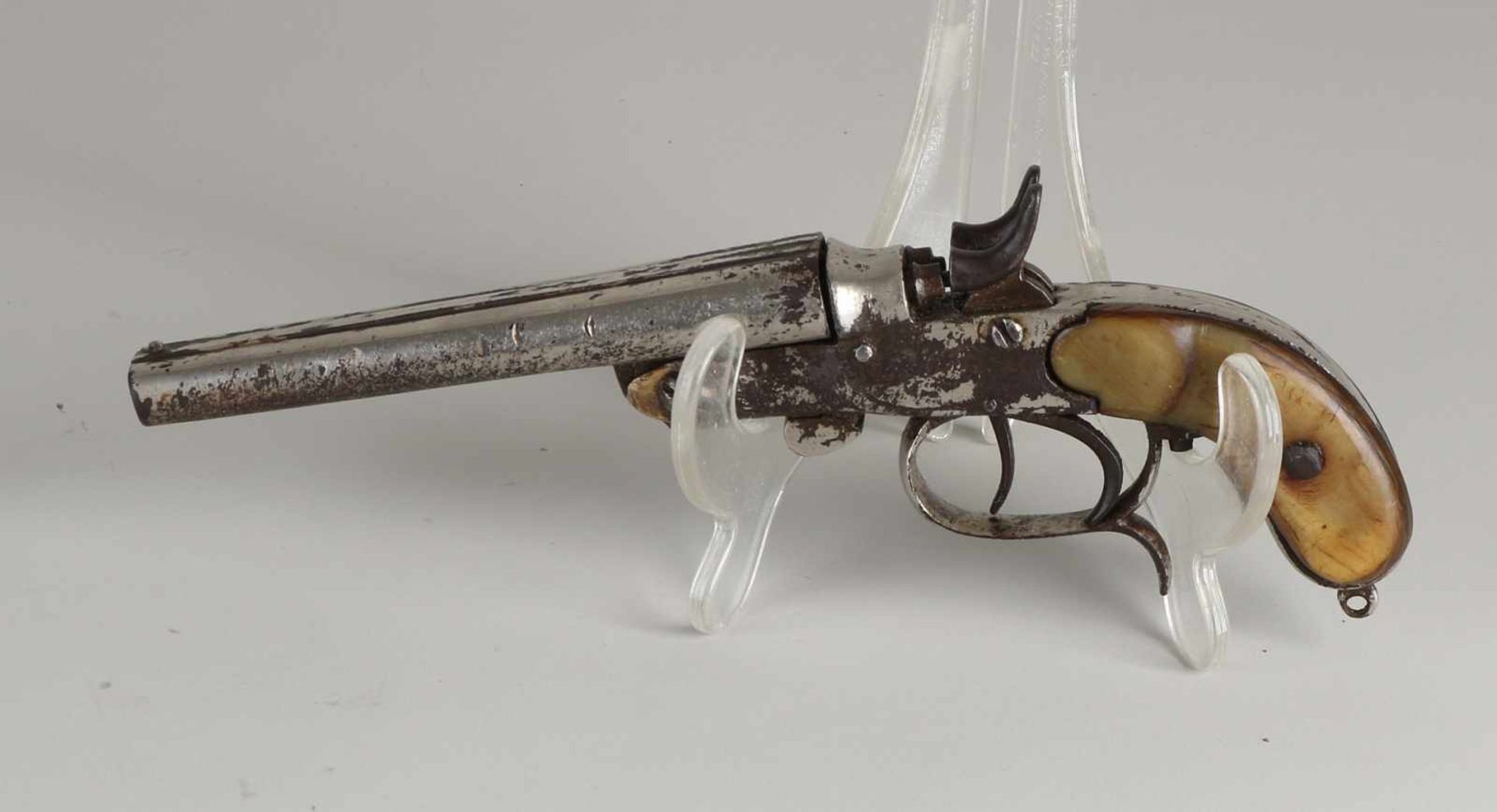 Doppelrohrpistole aus dem 19. Jahrhundert mit Hornkolben, biegbarem Lauf und Restchrom. Größe: L - Image 2 of 2