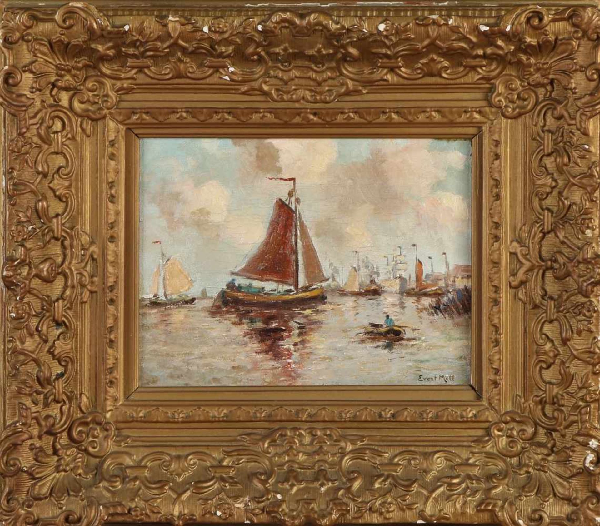 Evert Moll. 1878 - 1955. Ein niederländischer Hafen mit vielen Booten. Öl auf Leinen. Abmessung
