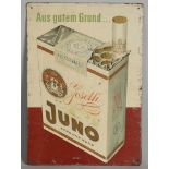 Deutsches Zinnwerbeschild der 1950er Jahre 'Juno Sigaretten'. Rundum leichter Schaden.