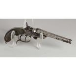 Doppelrohrpistole aus dem 19. Jahrhundert mit Hornkolben, biegbarem Lauf und Restchrom. Größe: L
