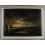 C. van Perle. 20. Jahrhundert. Landschaft mit Pollard Weiden in der Nacht. Öl auf Leinen.