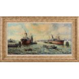 Jan van Rijn. Um 1930. Hafen von Rotterdam. Öl auf Leinen. Abmessungen: H 40 x B 80 cm. In gute
