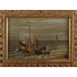 A. Bauer. 1878. Souvenir de Heyst et cetera. Fischerboot mit Figuren am Strand. Öl auf Leinen.