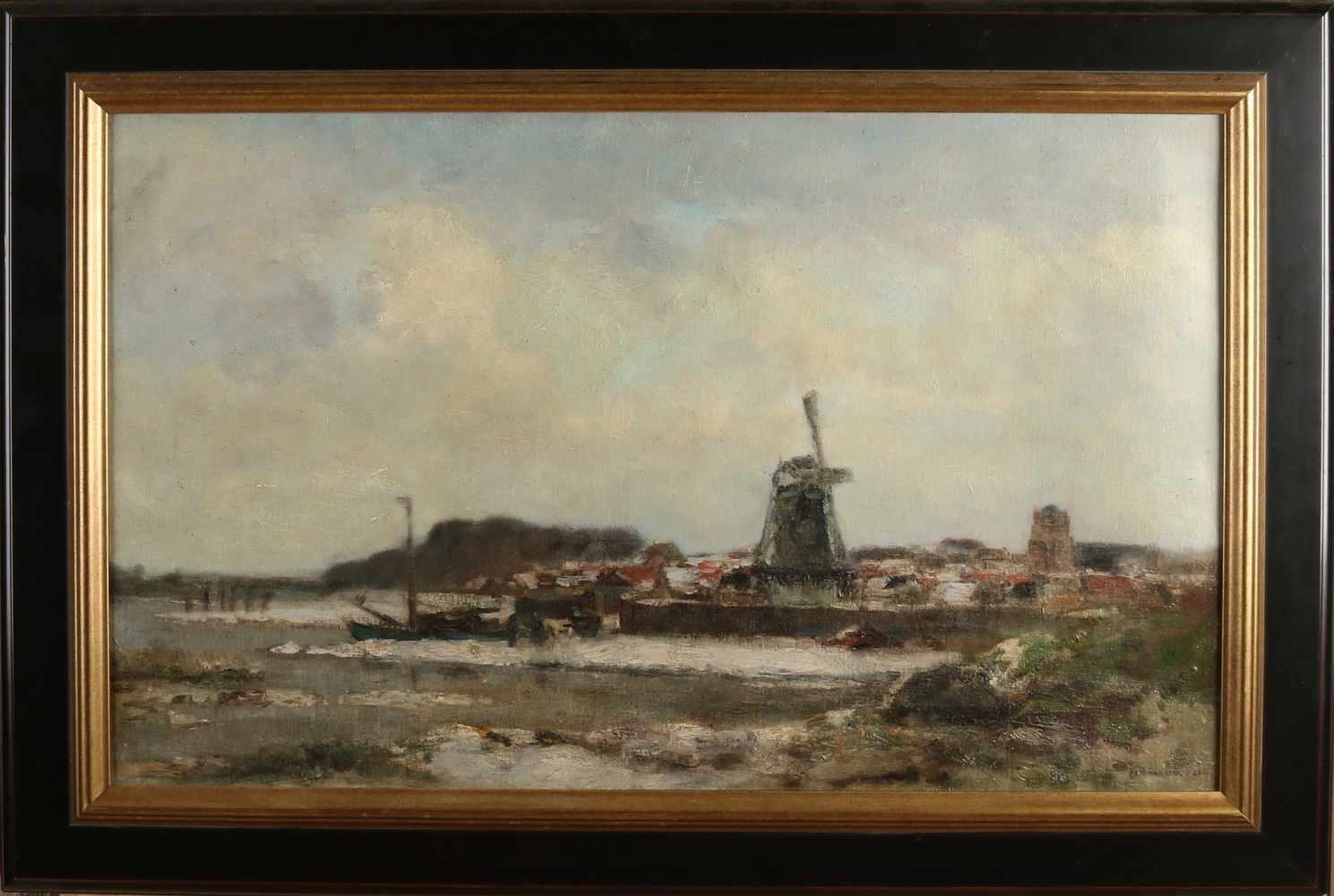 David Schulman. 1881 - 1966. Niederländische Winterszene mit Boot, Dorf und Windmühle. Öl auf