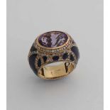 Spezieller Roségoldring, 585/000, mit Emaille-Amethyst und Diamant. Konvexer Ring mit einem ovalen