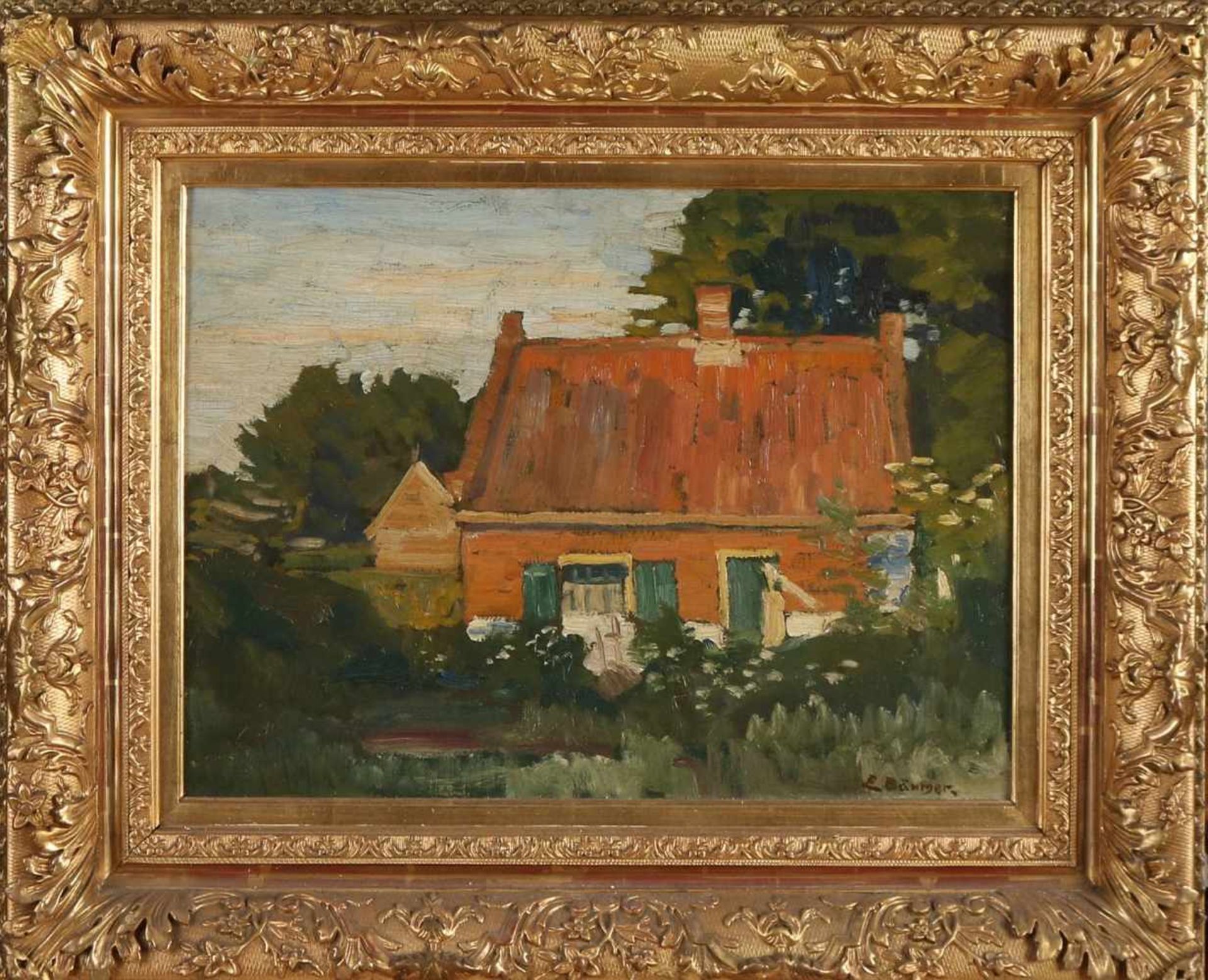 Johan Ernst Bäumer. 1870 - 1919. Bauernhaus in sonniger Landschaft. Jugendstil. Öl auf Leinen.