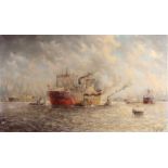 M. de Jong. 20. Jahrhundert. Rotterdamer Hafen mit Frachtschiffen. Öl auf Leinen. Abmessungen: