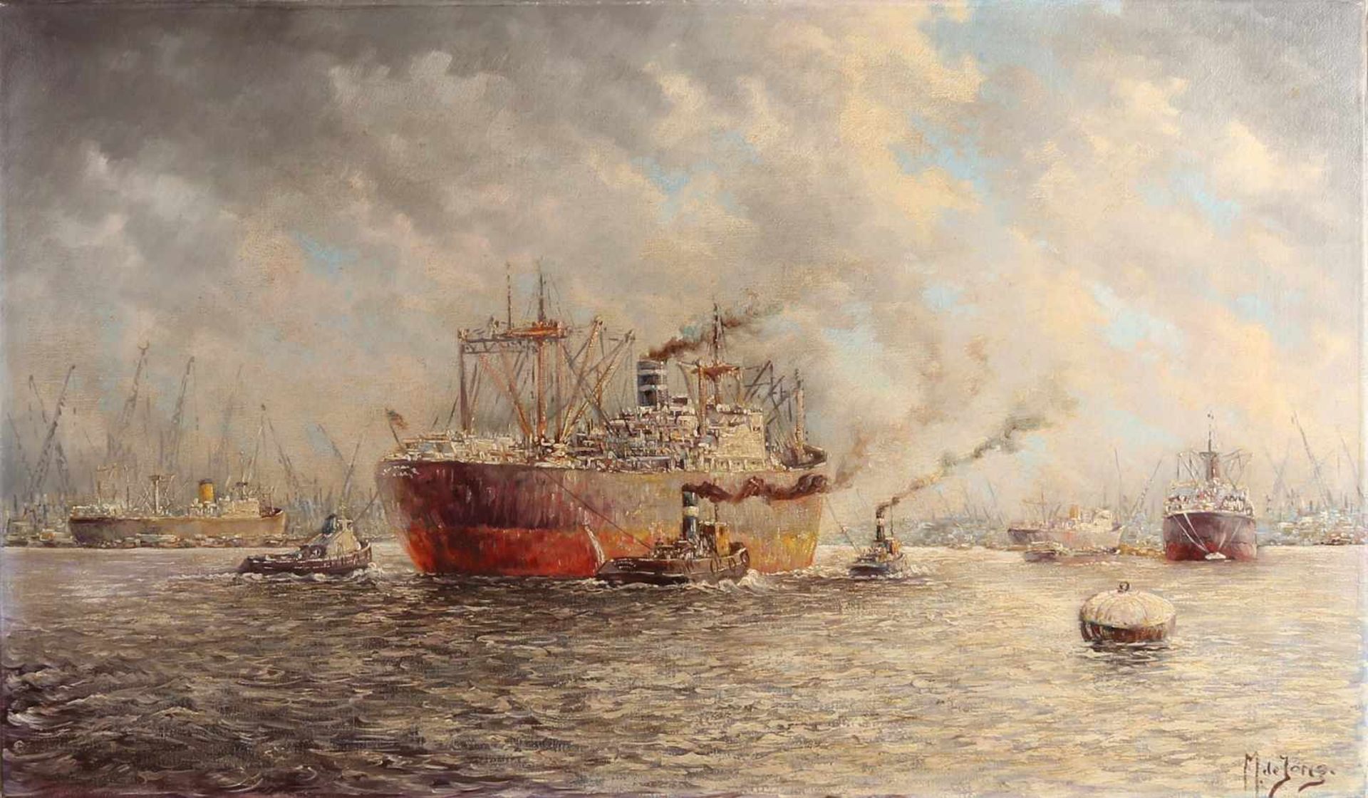 M. de Jong. 20. Jahrhundert. Rotterdamer Hafen mit Frachtschiffen. Öl auf Leinen. Abmessungen: