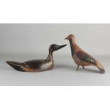 Zwei handbemalte Köder. 20. Jahrhundert. Taube (Metall) + Ente. Größe: 33 - 36 cm. In guter