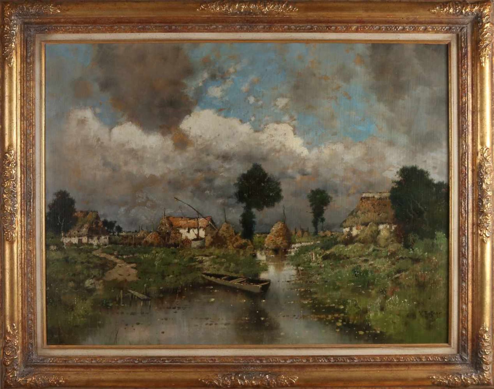 Karl Heffner. 1849 - 1925. Landschaft mit Bauernhof und Graben. Öl auf Leinen. Abmessungen: H 70